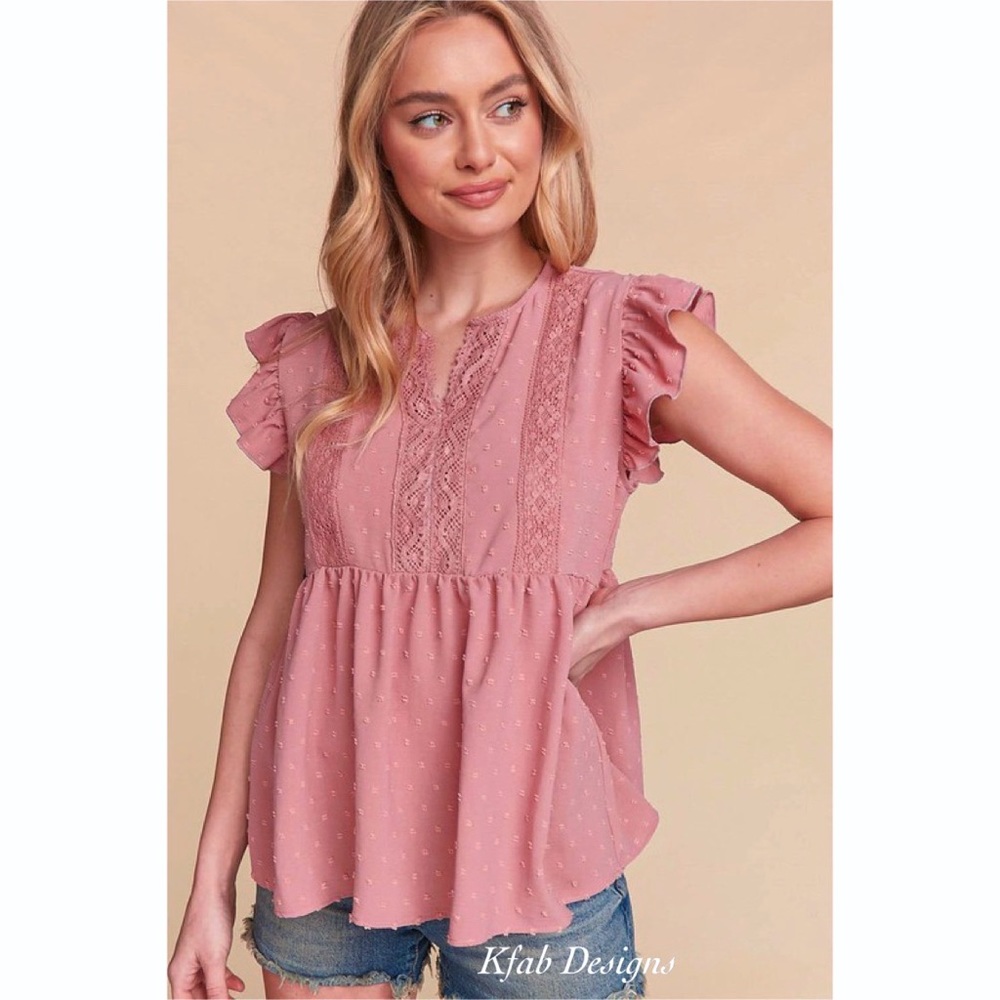 LAST ONE! Crochet/Lace Swiss Dot Cap Ruffle Sleeve Woven Top in Dusty Rose! - Picture 3 of 11